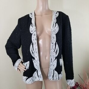 VTG Allure 100% Silk Black Full Beaded Jacket S Evening Party Glam Dark Romantic